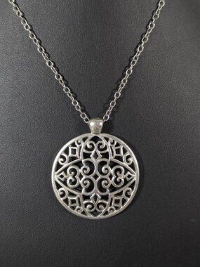 American Eagle Silver Tone Medallion Pendant Necklace Long Boho 30"